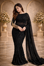 Elegant Chiffon Saree with Pearl Detailing & Golden Embroidered Sleeve Blouse Set