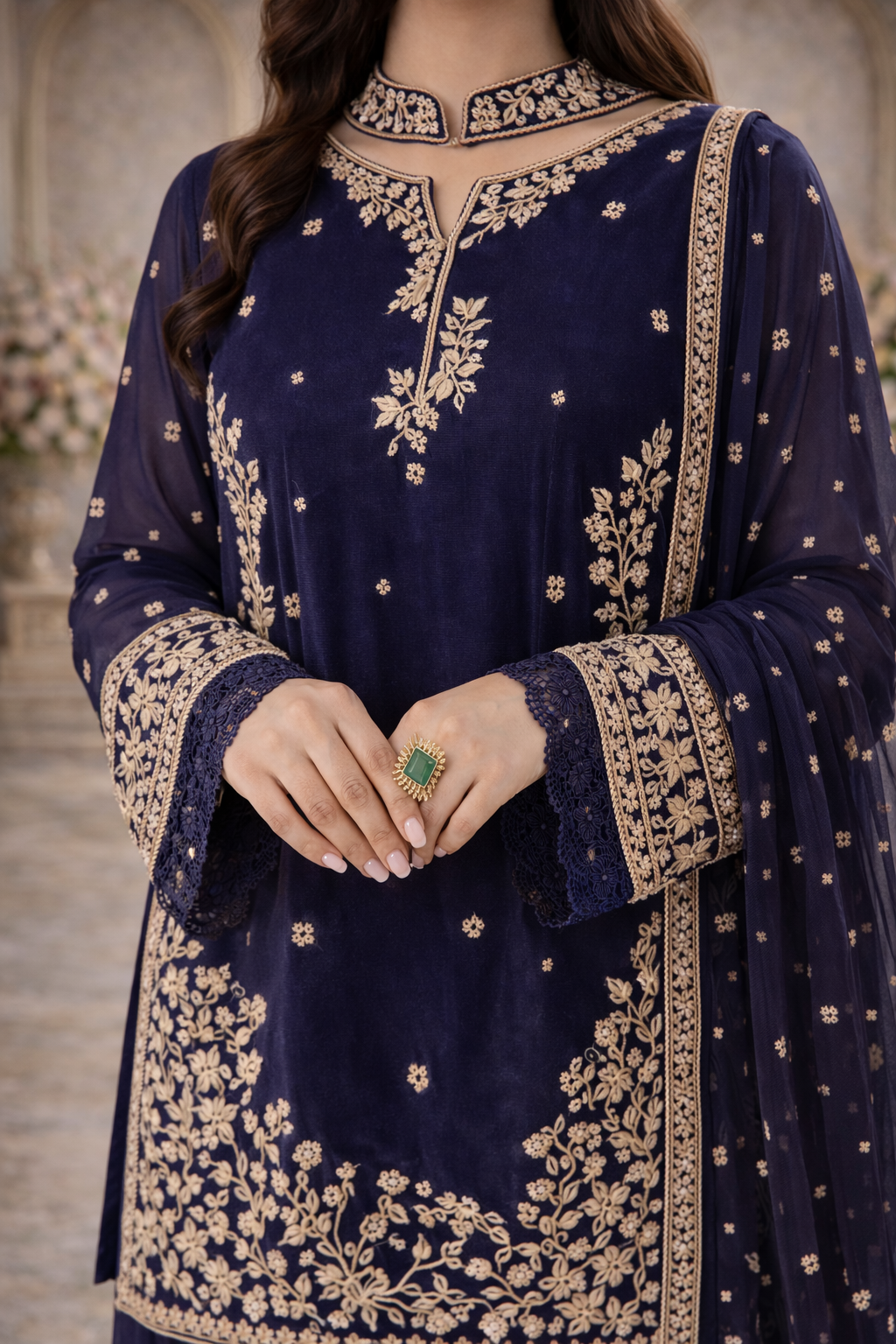 Embroidered 3 Piece Silk Farshi Shalwar Set  Formal Pakistani Suit