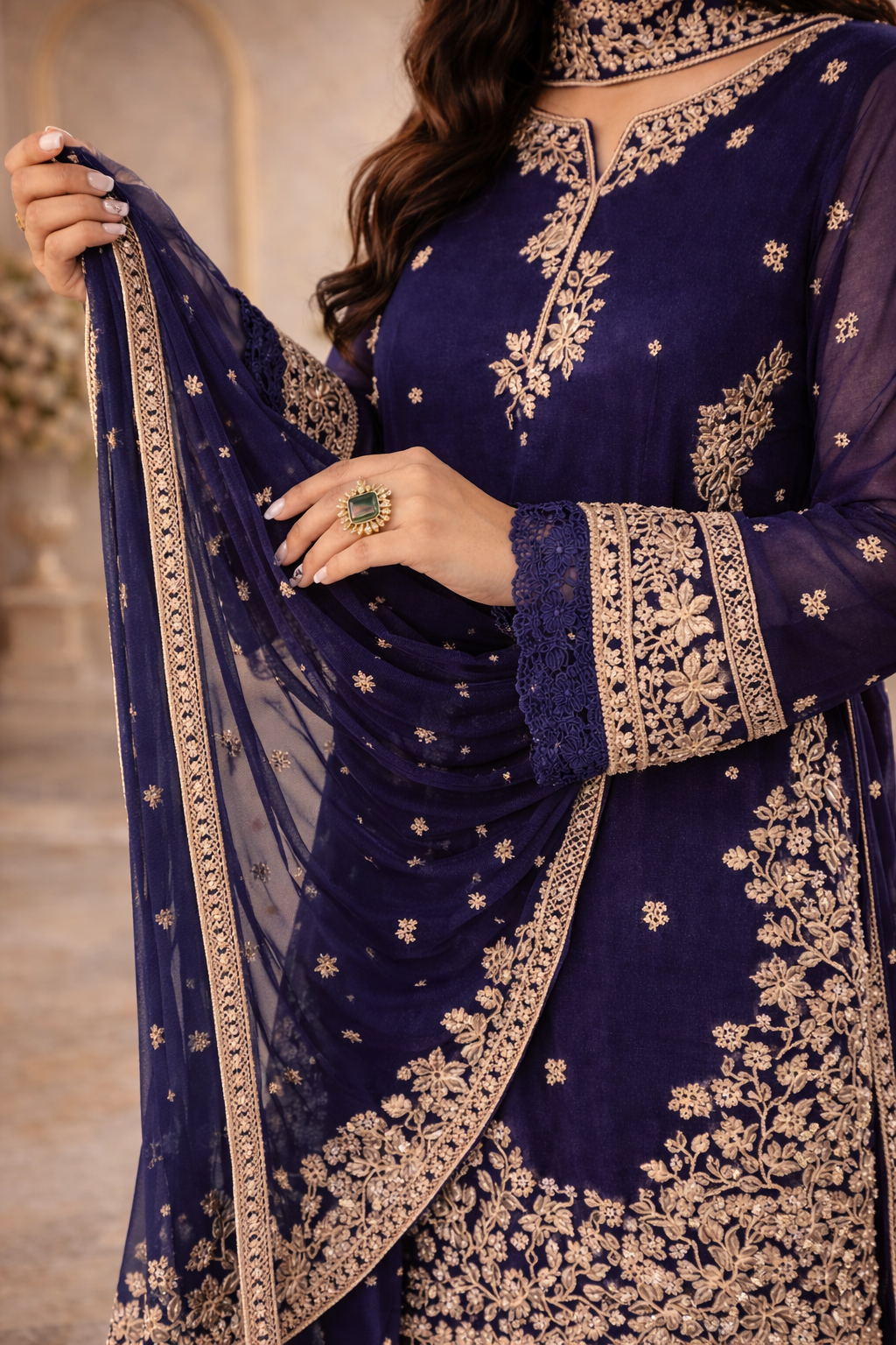 Embroidered 3 Piece Silk Farshi Shalwar Set  Formal Pakistani Suit