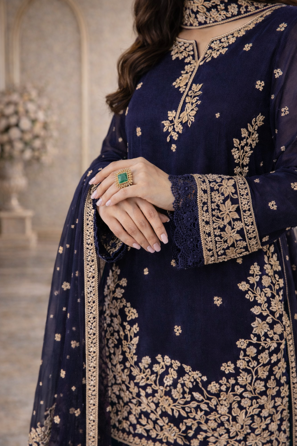 Embroidered 3 Piece Silk Farshi Shalwar Set  Formal Pakistani Suit