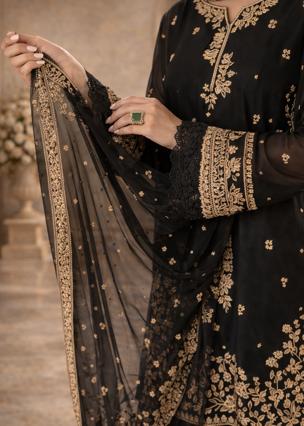 Embroidered 3 Piece Silk Farshi Shalwar Set  Formal Pakistani Suit