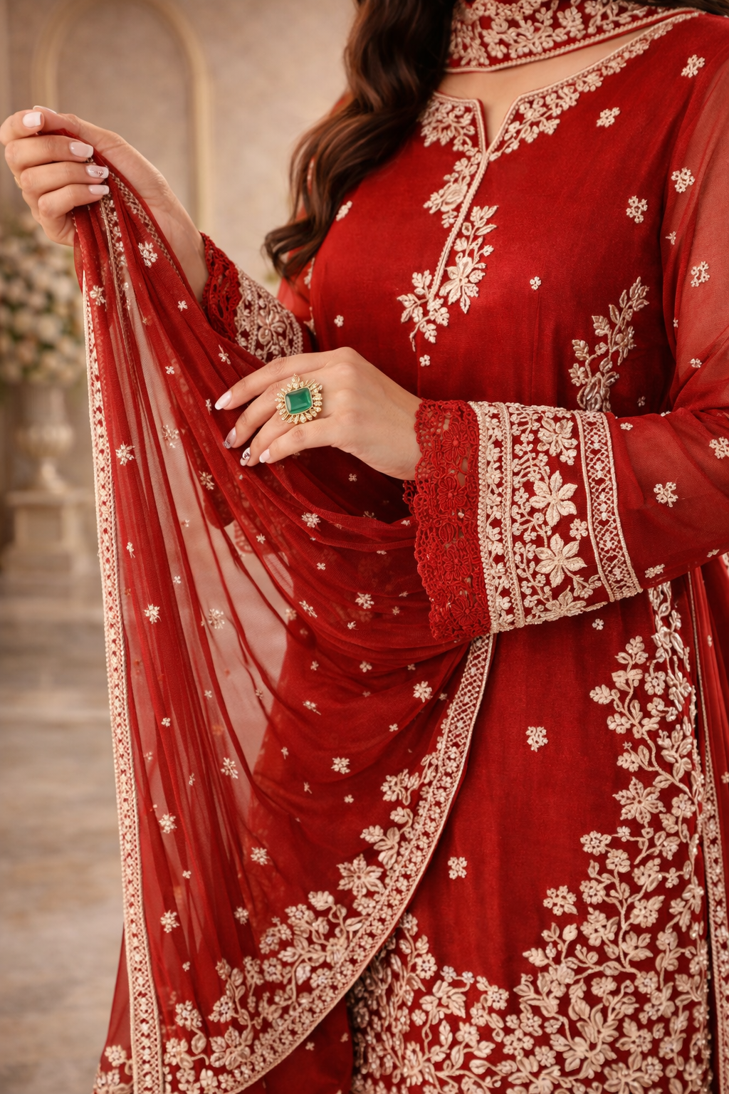 Embroidered 3 Piece Silk Farshi Shalwar Set  Formal Pakistani Suit