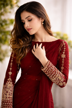 Elegant Chiffon Saree with Pearl Detailing & Golden Embroidered Sleeve Blouse Set