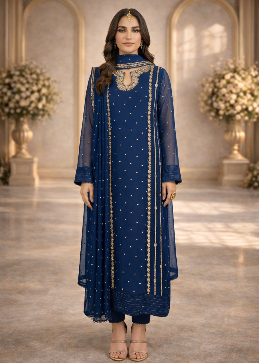 Front Neck Sequence Embroidered 3 Piece Suit