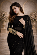 Elegant Chiffon Saree with Pearl Detailing & Golden Embroidered Sleeve Blouse Set