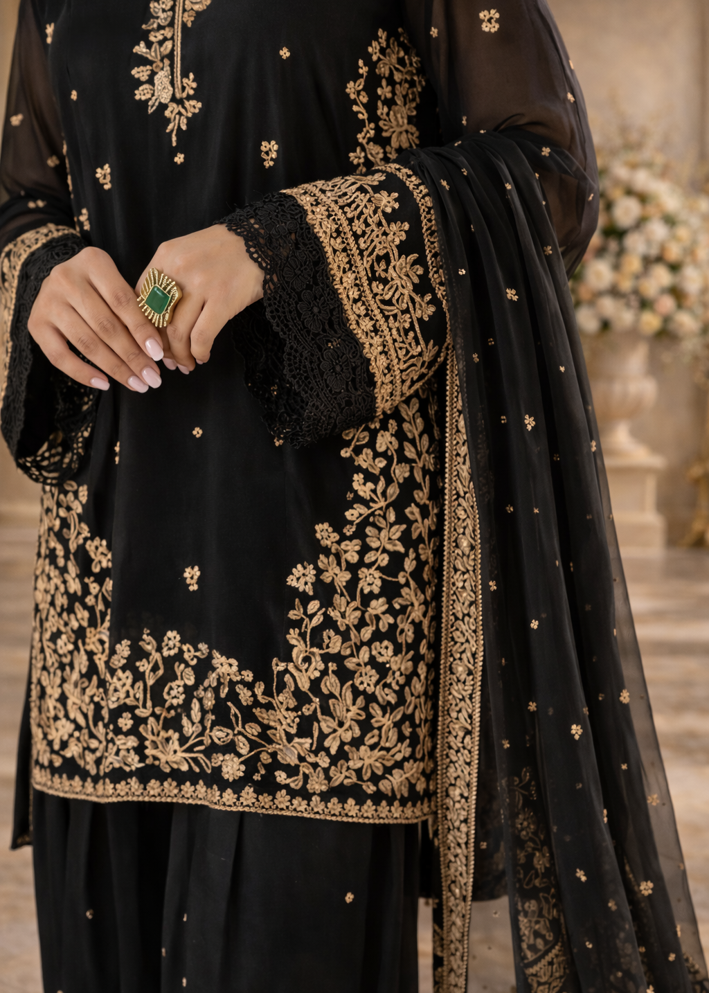 Embroidered 3 Piece Silk Farshi Shalwar Set  Formal Pakistani Suit