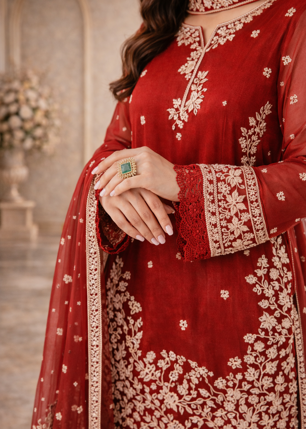 Embroidered 3 Piece Silk Farshi Shalwar Set  Formal Pakistani Suit