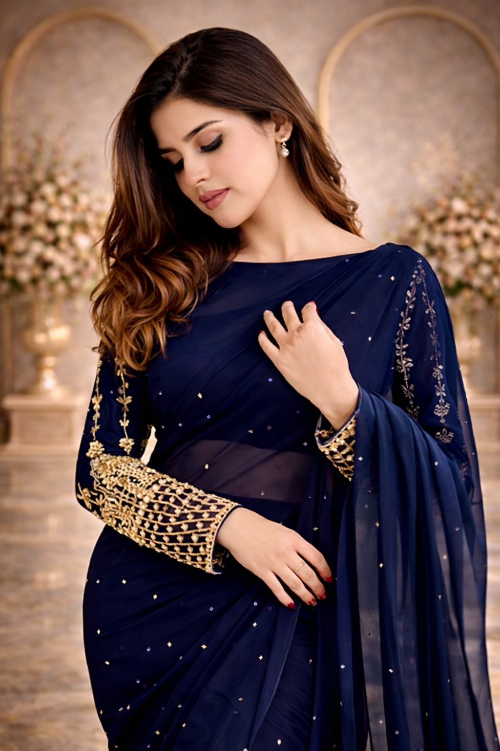 Elegant Chiffon Saree with Pearl Detailing & Golden Embroidered Sleeve Blouse Set
