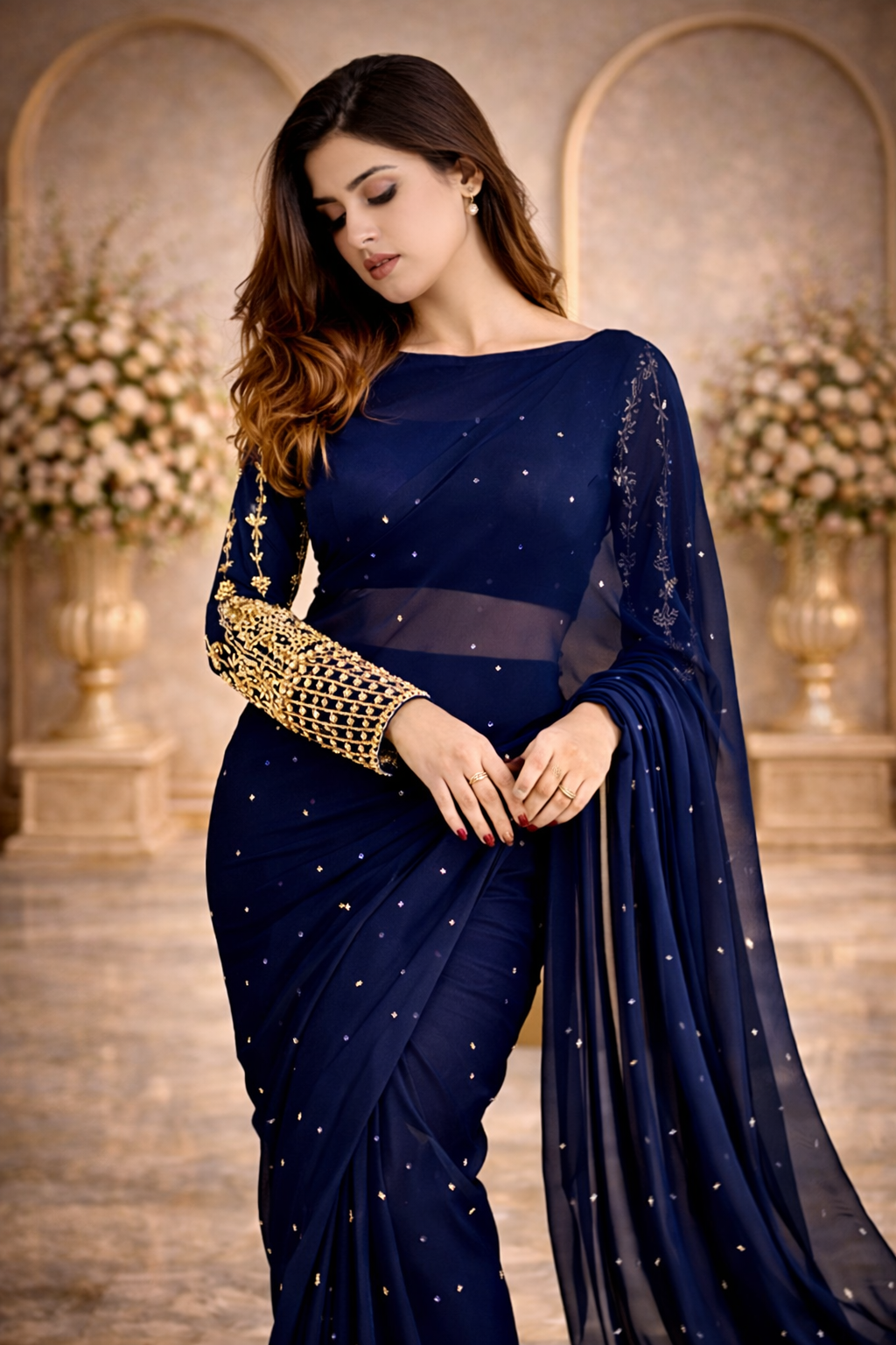 Elegant Chiffon Saree with Pearl Detailing & Golden Embroidered Sleeve Blouse Set
