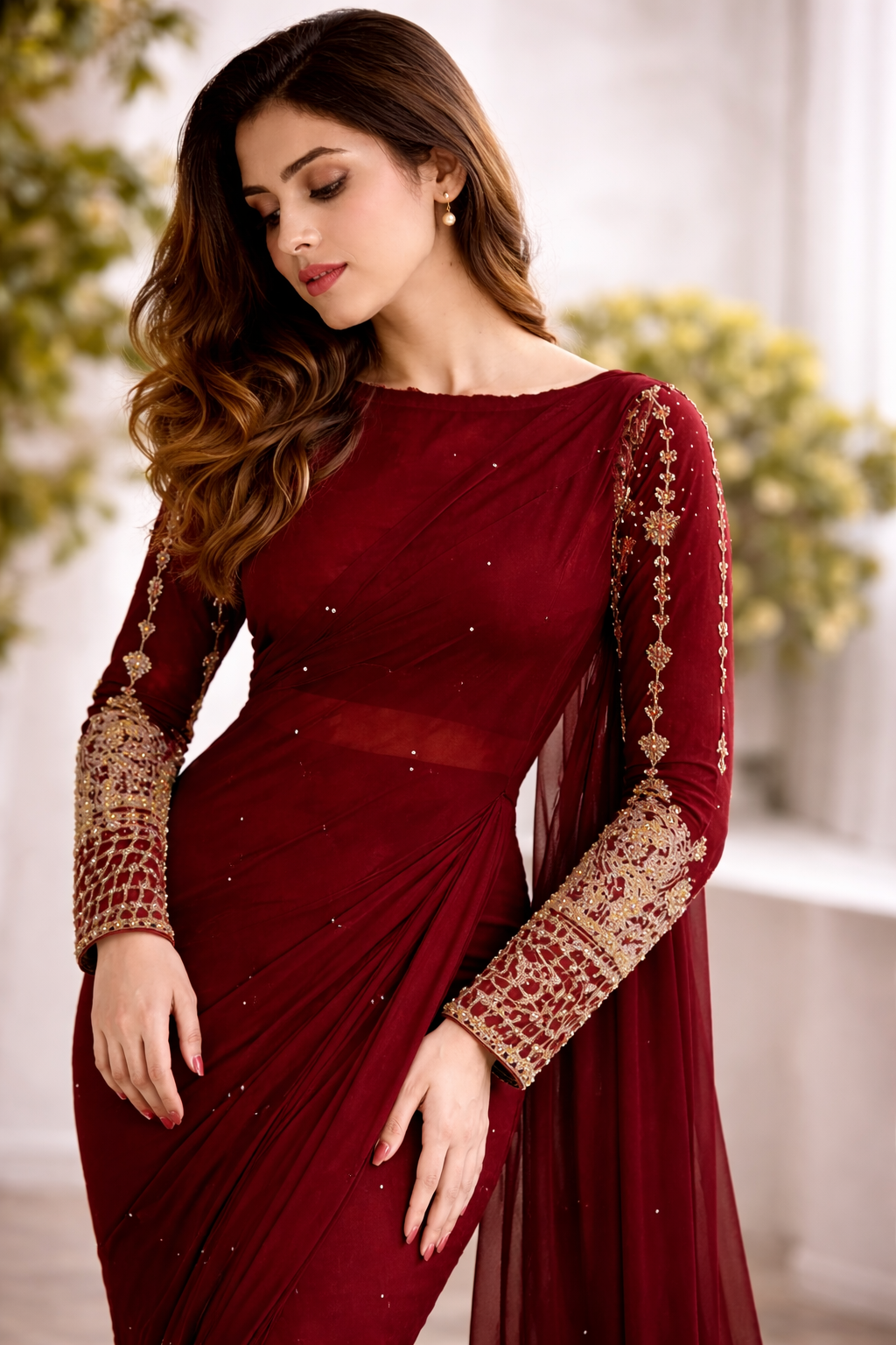 Elegant Chiffon Saree with Pearl Detailing & Golden Embroidered Sleeve Blouse Set