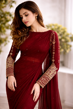 Elegant Chiffon Saree with Pearl Detailing & Golden Embroidered Sleeve Blouse Set