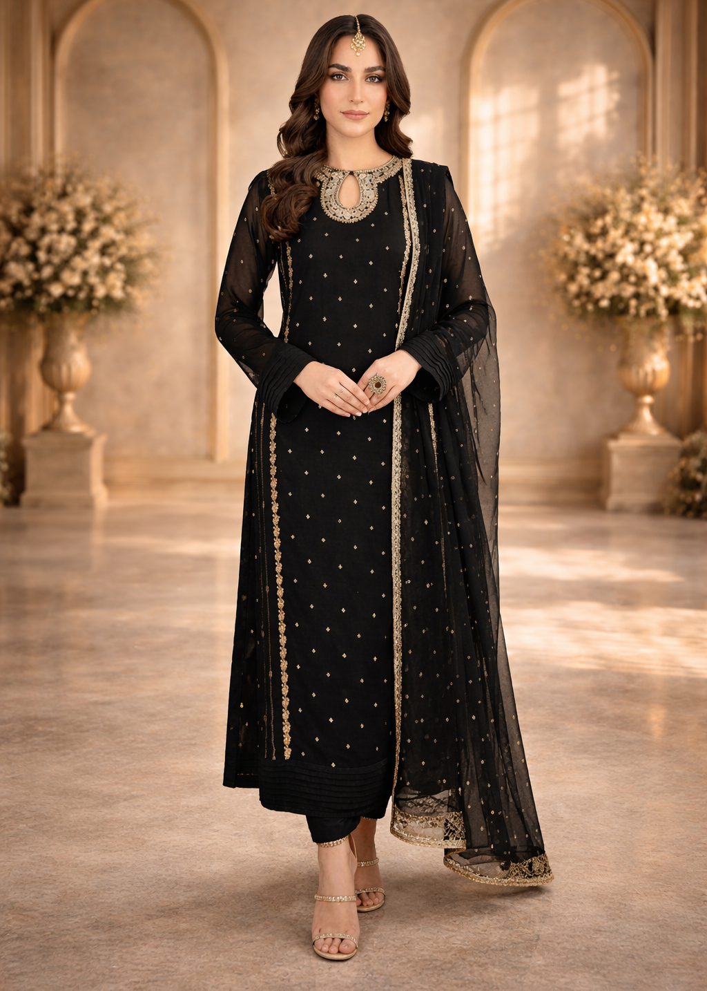 Front Neck Sequence Embroidered 3 Piece Suit