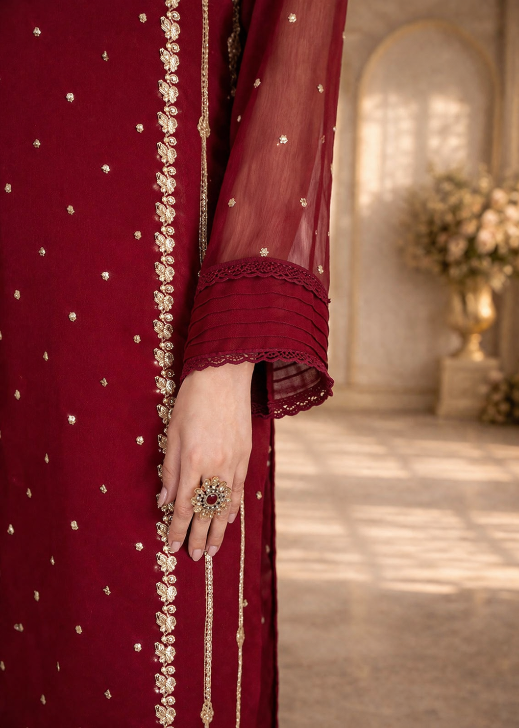 Front Neck Sequence Embroidered 3 Piece Suit