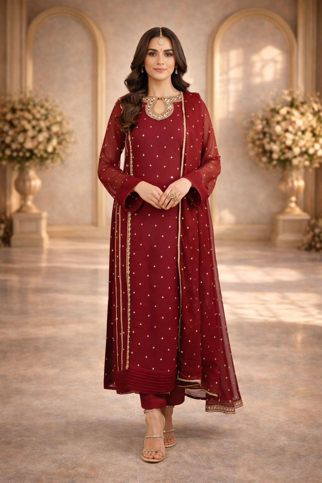 Front Neck Sequence Embroidered 3 Piece Suit