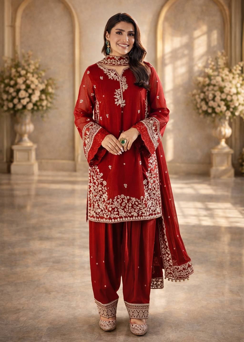 Embroidered 3 Piece Silk Farshi Shalwar Set  Formal Pakistani Suit