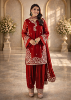 Embroidered 3 Piece Silk Farshi Shalwar Set  Formal Pakistani Suit