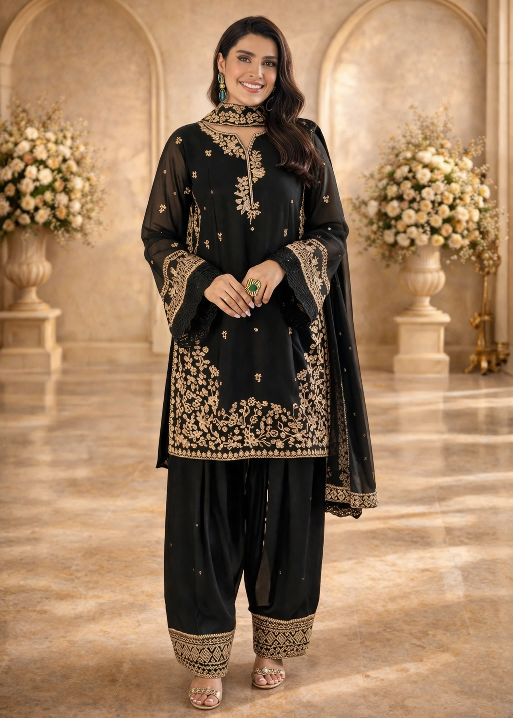 Embroidered 3 Piece Silk Farshi Shalwar Set  Formal Pakistani Suit
