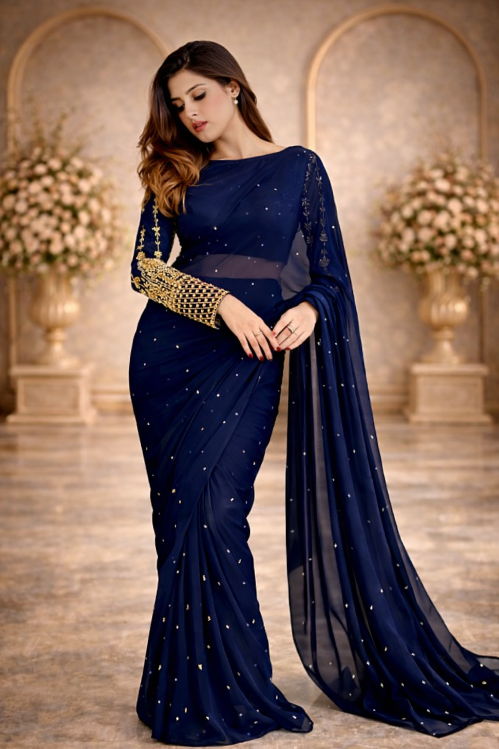 Elegant Chiffon Saree with Pearl Detailing & Golden Embroidered Sleeve Blouse Set