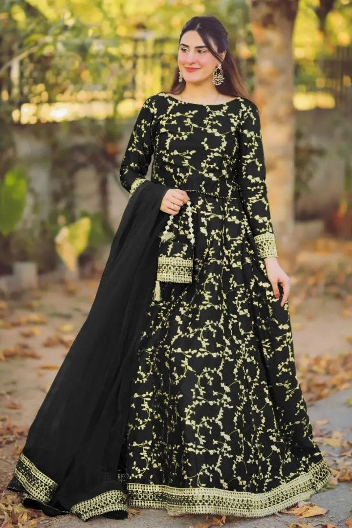 4 Piece Heavy Embroidered Shamose Silk Flare Skirt & Top Ensemble