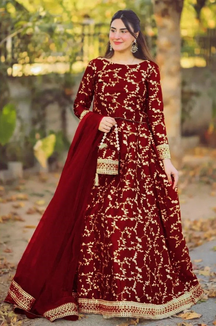 4 Piece Heavy Embroidered Shamose Silk Flare Skirt & Top Ensemble