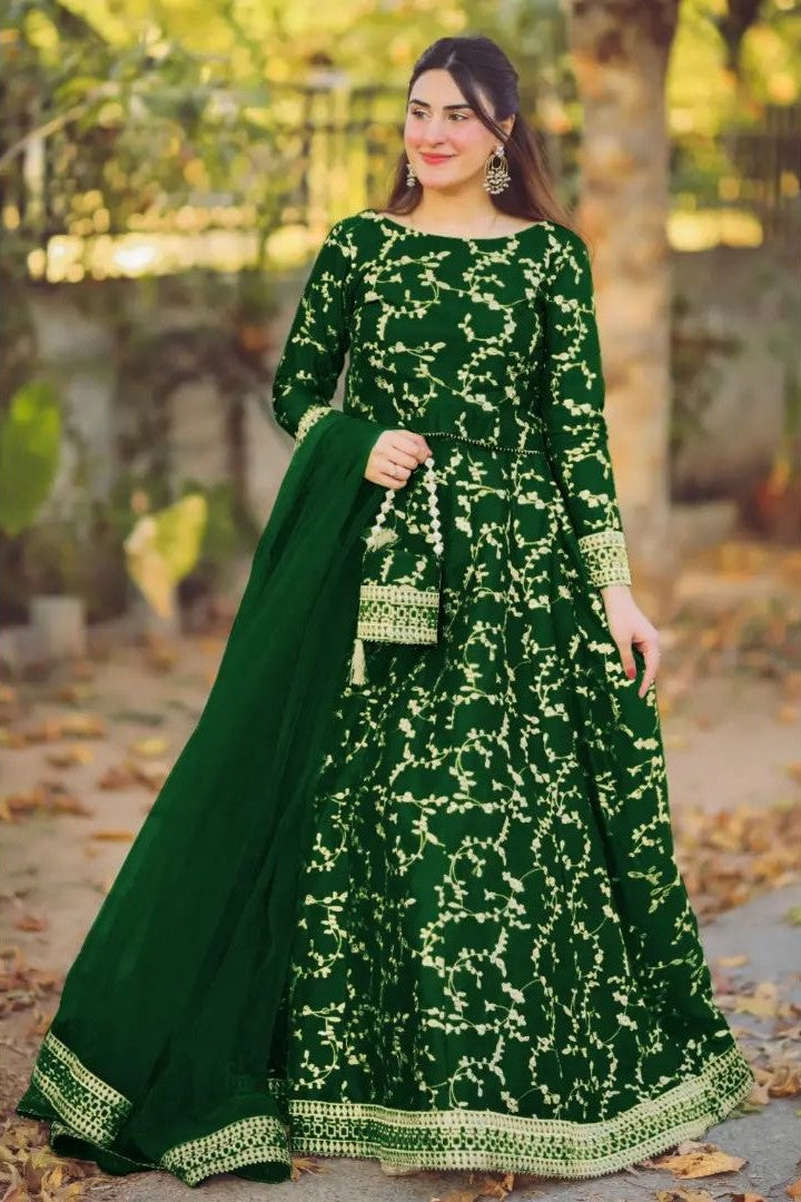 4 Piece Heavy Embroidered Shamose Silk Flare Skirt & Top Ensemble